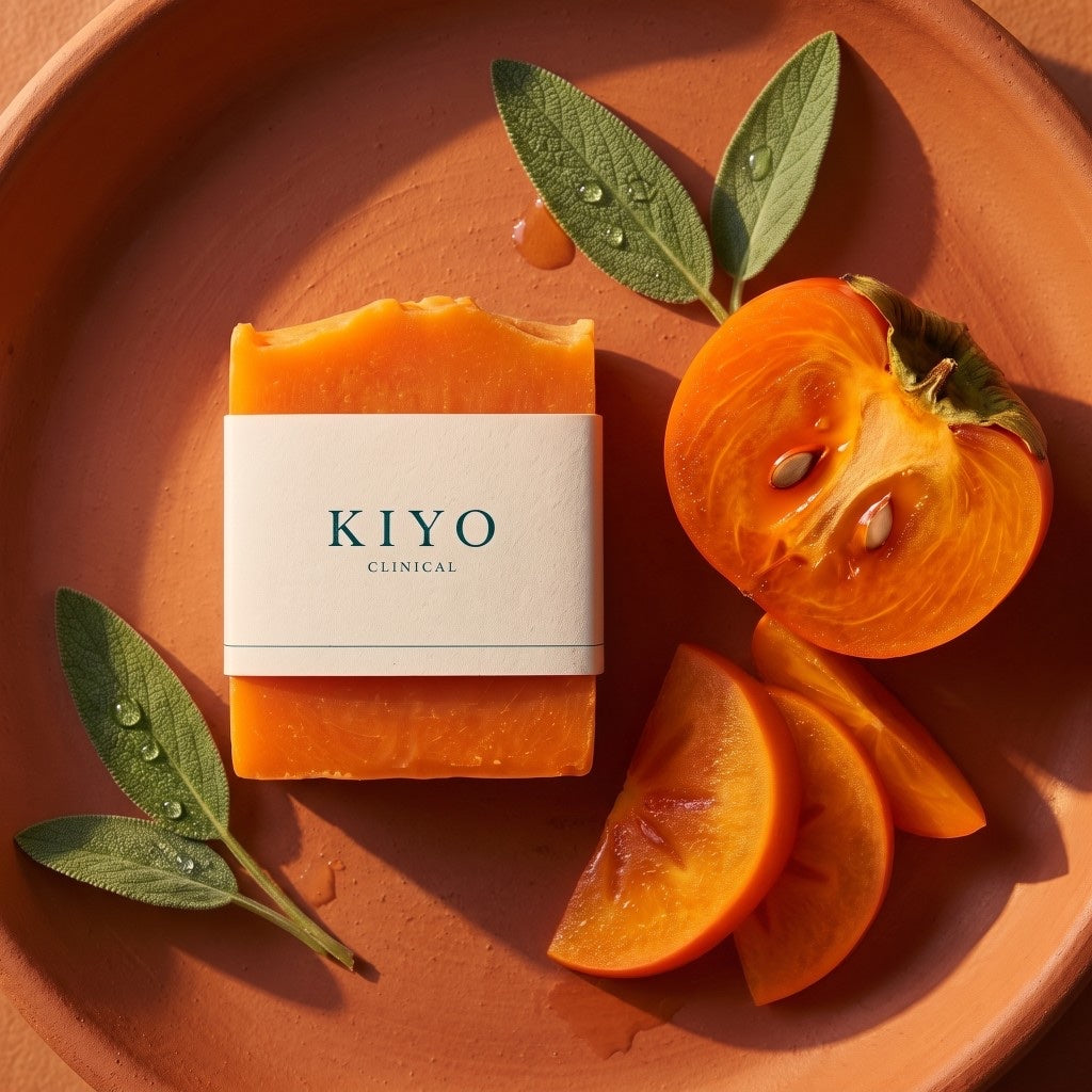 Kiyo Clinical persimmon soap bar with white brand band on a terracotta plate beside fresh persimmon and sage